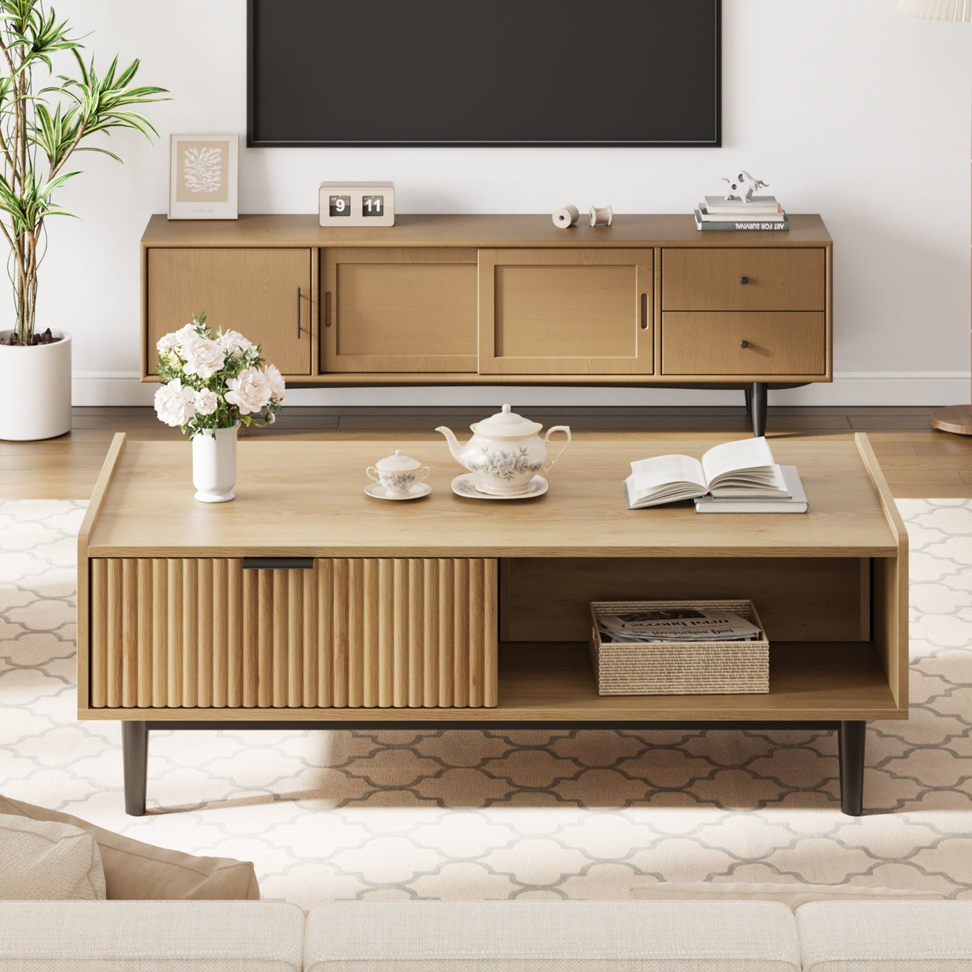 Tavolino da caffè scanalato Garvee da 42,5" con cassetti e spazio di archiviazione, stile moderno di metà secolo, MDF e metallo, soggiorno, colori legno naturale