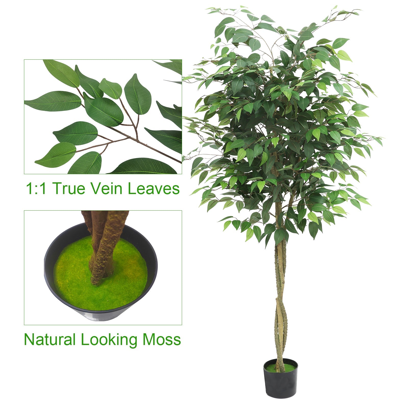 Albero di ficus artificiale Garvee da 6 piedi con foglie di seta realistiche e vaso di cemento stabile per uso interno ed esterno, verde
