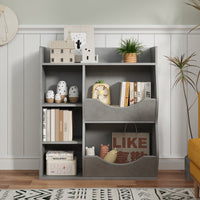 Scaffale portagiochi per bambini Garvee a 3 ripiani con 5 scomparti, bifacciale, grigio, per camera da letto e cameretta dei bambini, robusto MDF, versatile