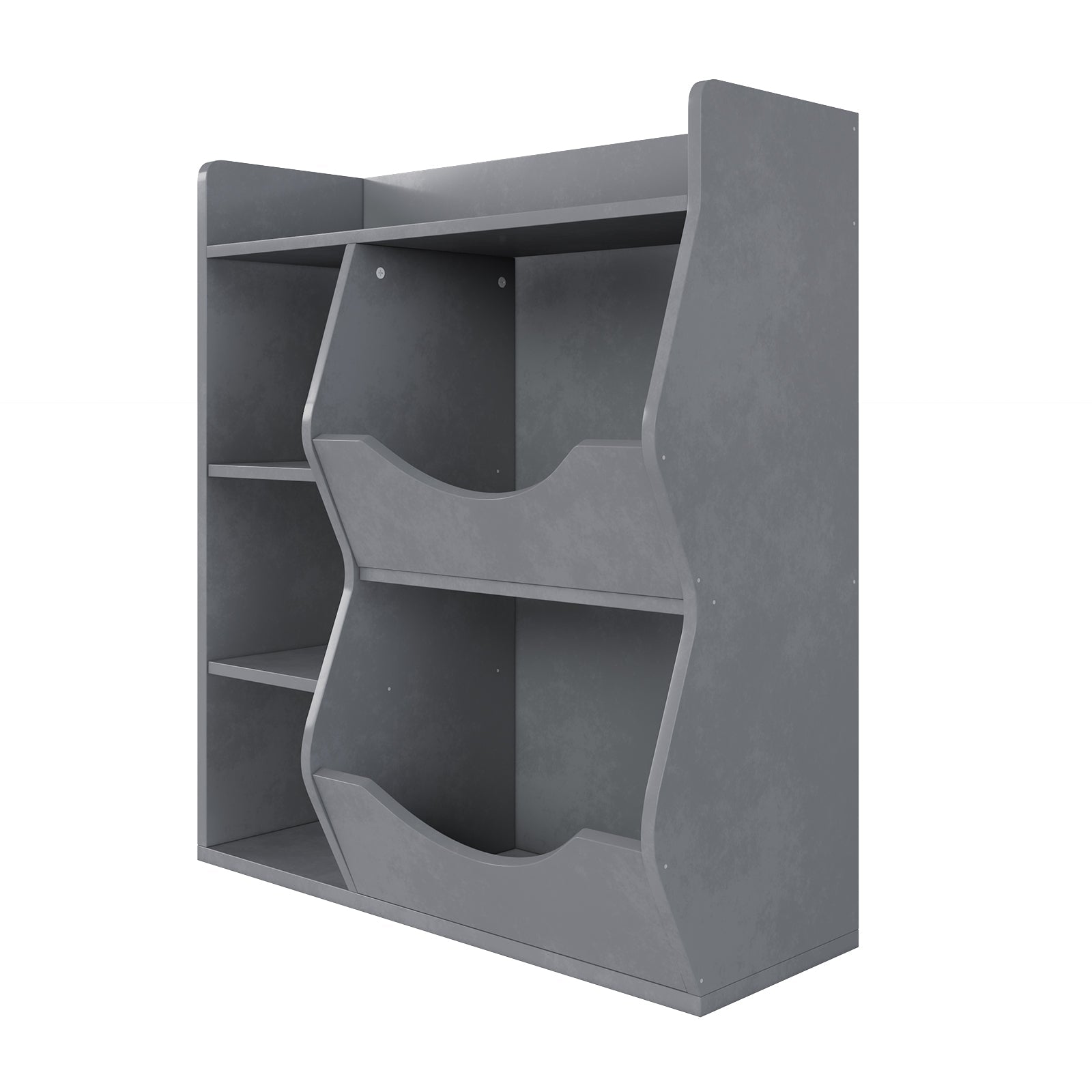 Scaffale portagiochi per bambini Garvee a 3 ripiani con 5 scomparti, bifacciale, grigio, per camera da letto e cameretta dei bambini, robusto MDF, versatile