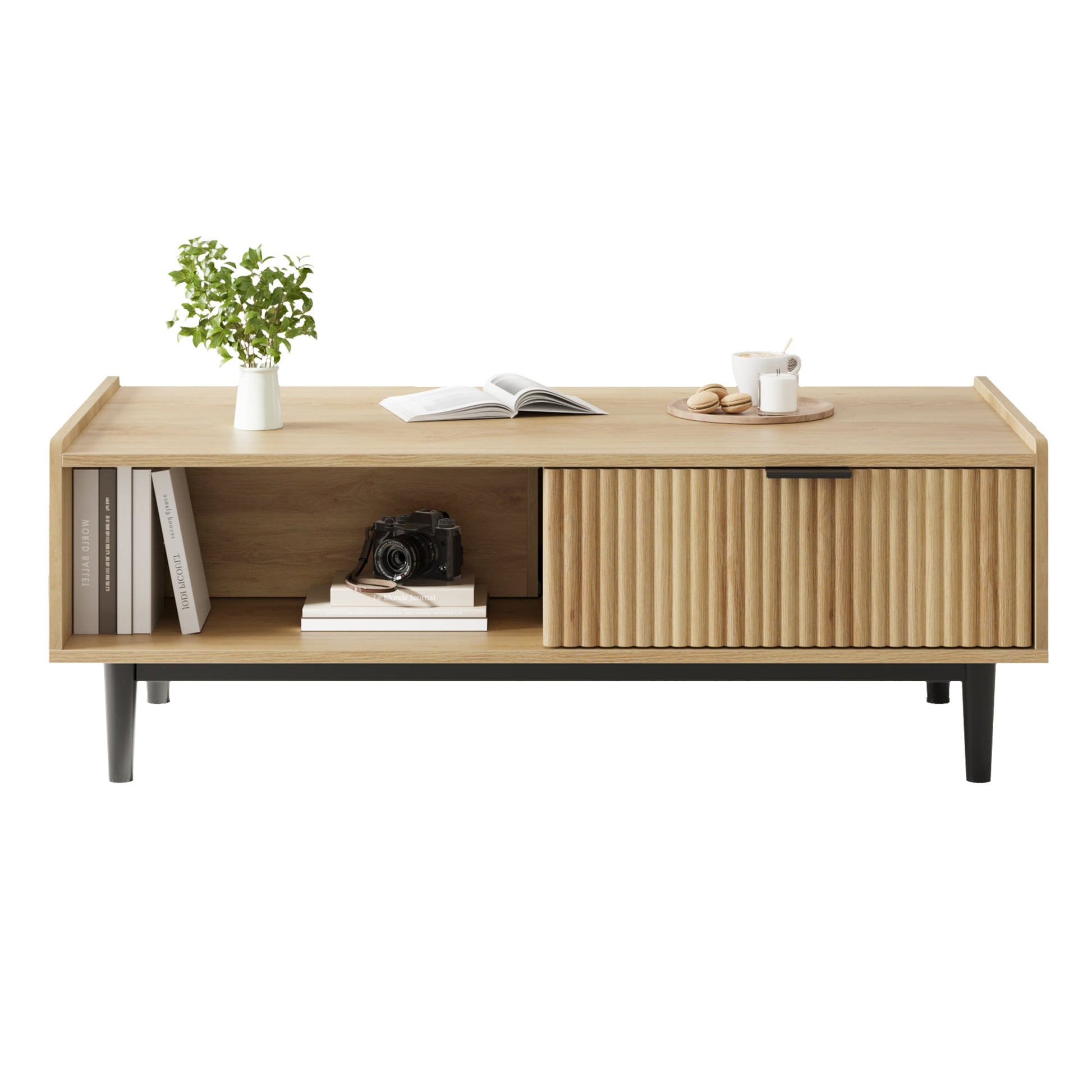 Tavolino da caffè scanalato Garvee da 42,5" con cassetti e spazio di archiviazione, stile moderno di metà secolo, MDF e metallo, soggiorno, colori legno naturale