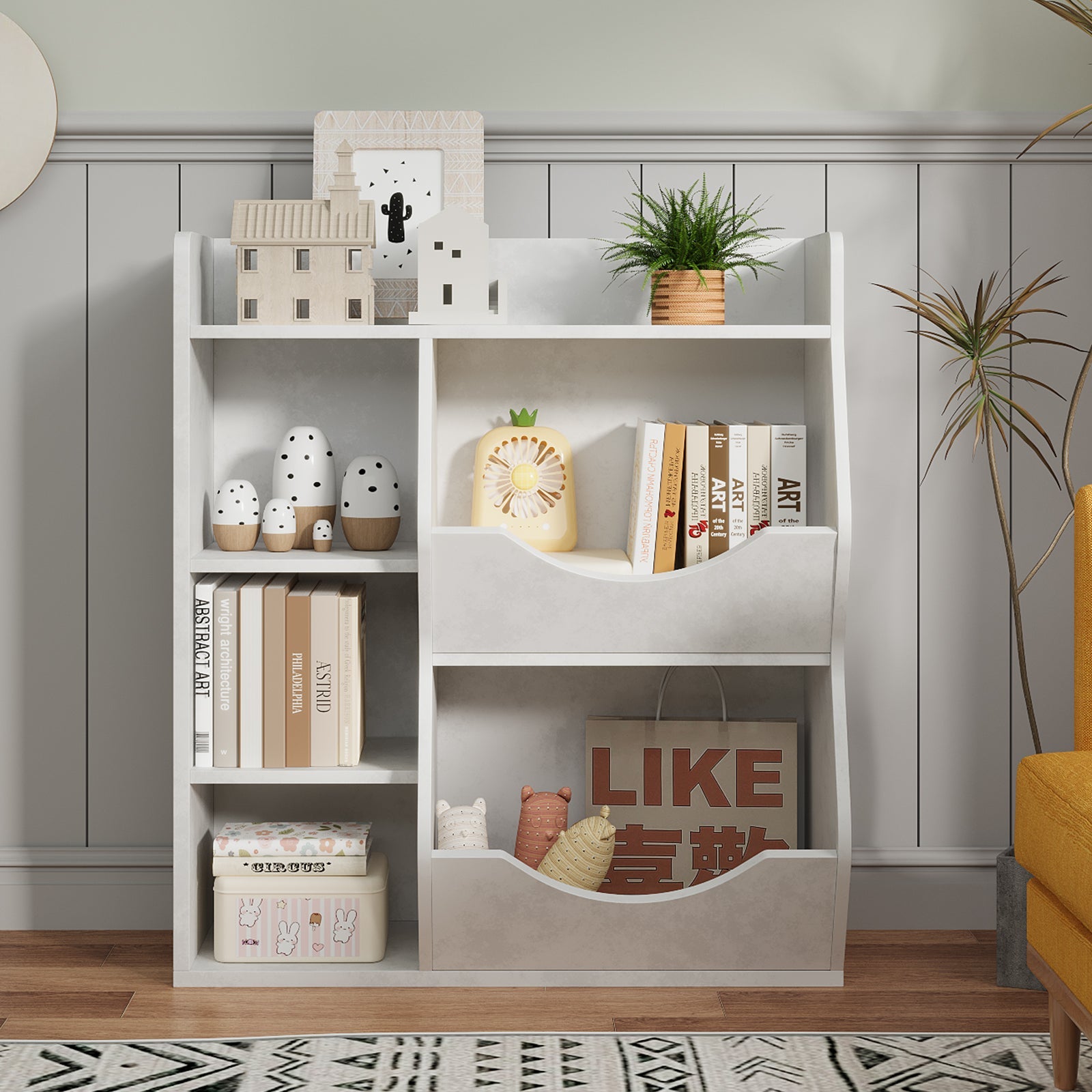 Scaffale portagiochi per bambini Garvee a 3 ripiani con 5 scomparti, bifacciale, MDF, robusto per camera da letto e cameretta, versatile, bianco