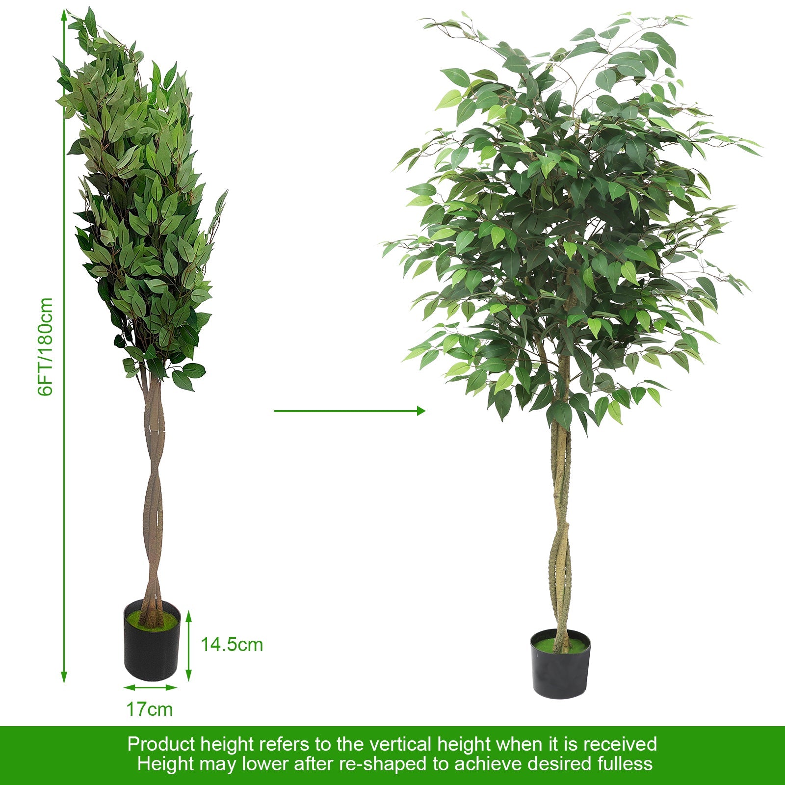 Albero di ficus artificiale Garvee da 6 piedi con foglie di seta realistiche e vaso di cemento stabile per uso interno ed esterno, verde