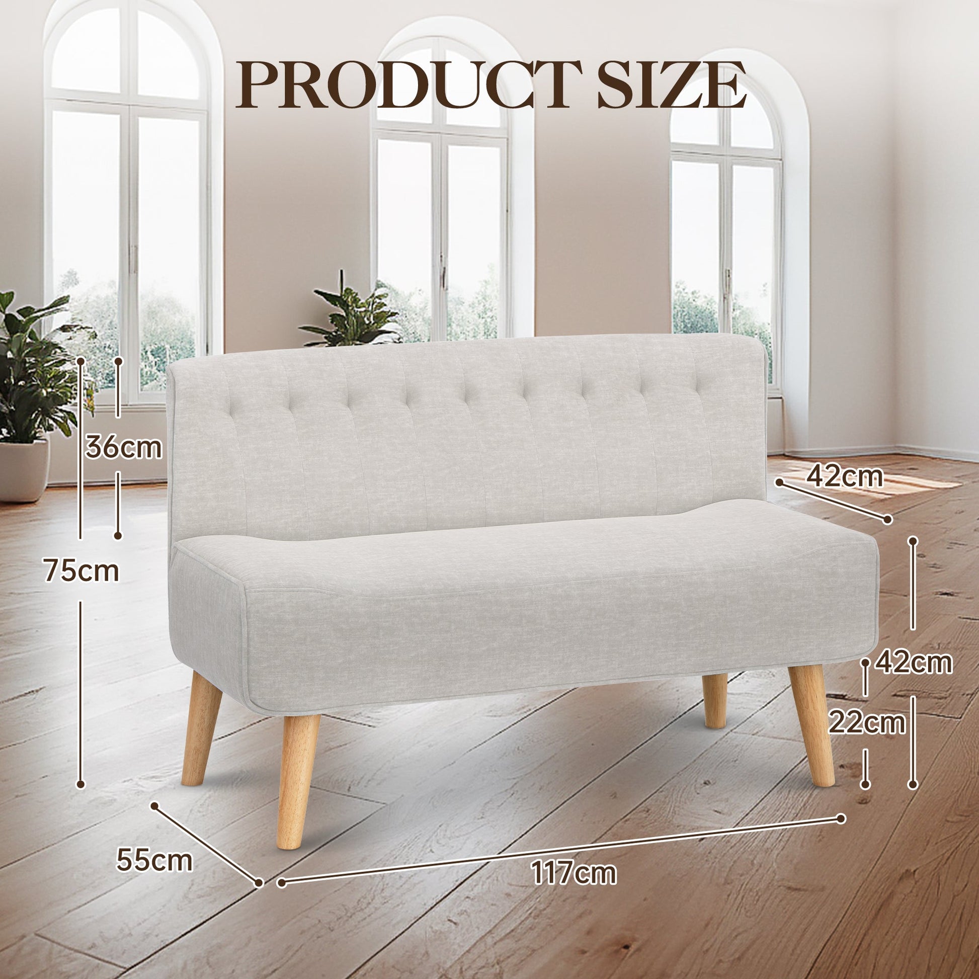 Divano Garvee a 2 posti, tessuto effetto lino, gambe in legno, look retrò, beige, per soggiorno e camera da letto