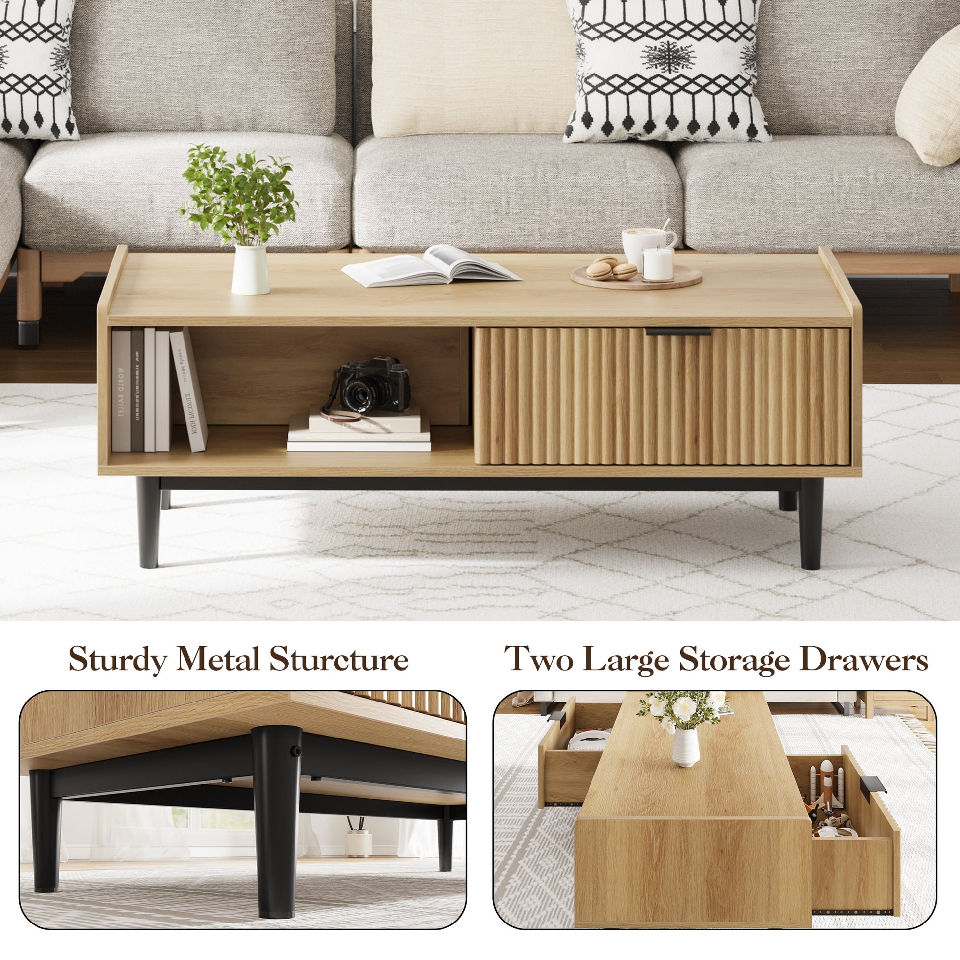 Tavolino da caffè scanalato Garvee da 42,5" con cassetti e spazio di archiviazione, stile moderno di metà secolo, MDF e metallo, soggiorno, colori legno naturale