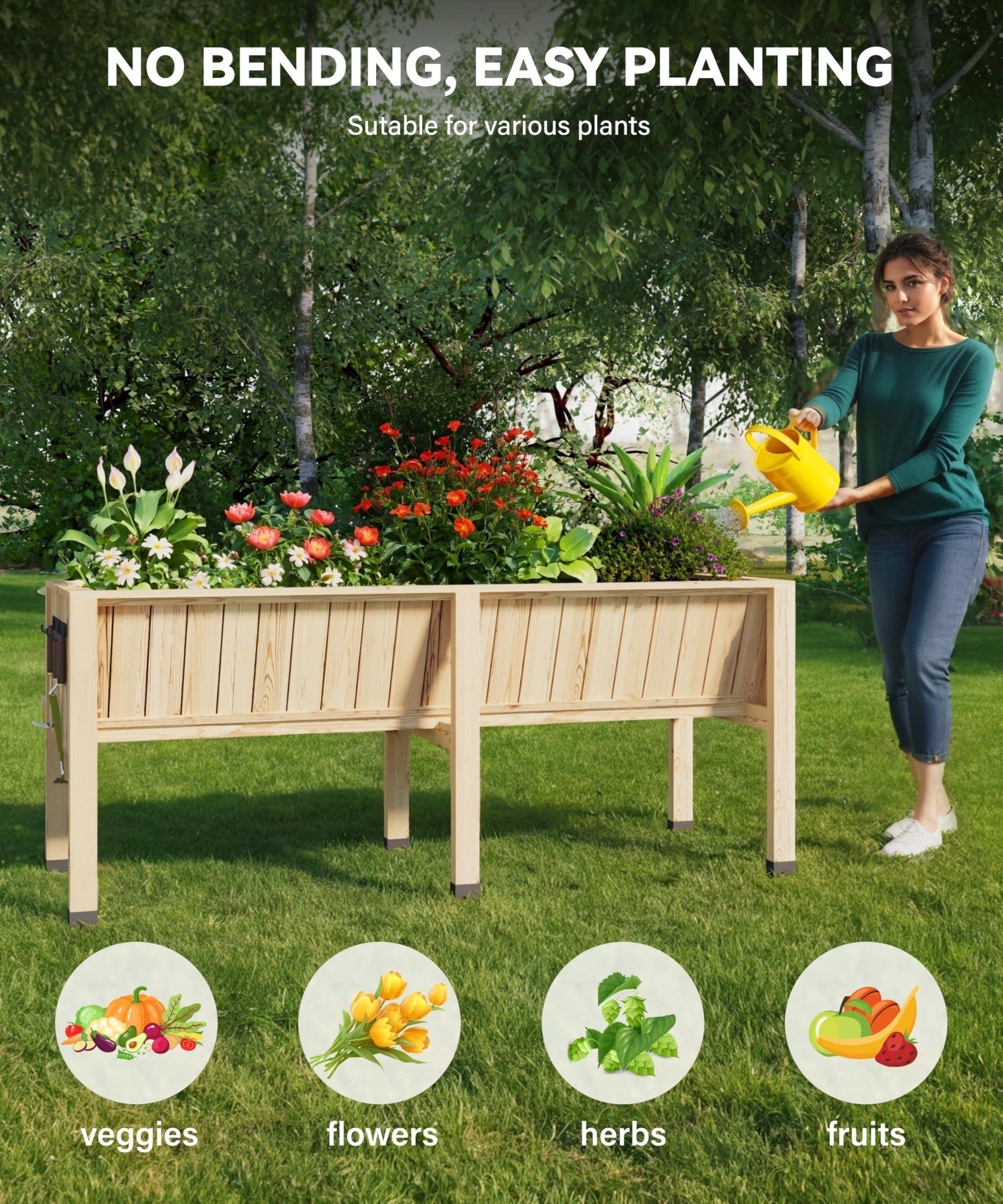 Letto da giardino rialzato Garvee 6x2x2,5 piedi in legno di cedro con ganci per verdure ed erbe aromatiche da esterno 13,7 pollici di profondità stabile ed ergonomico