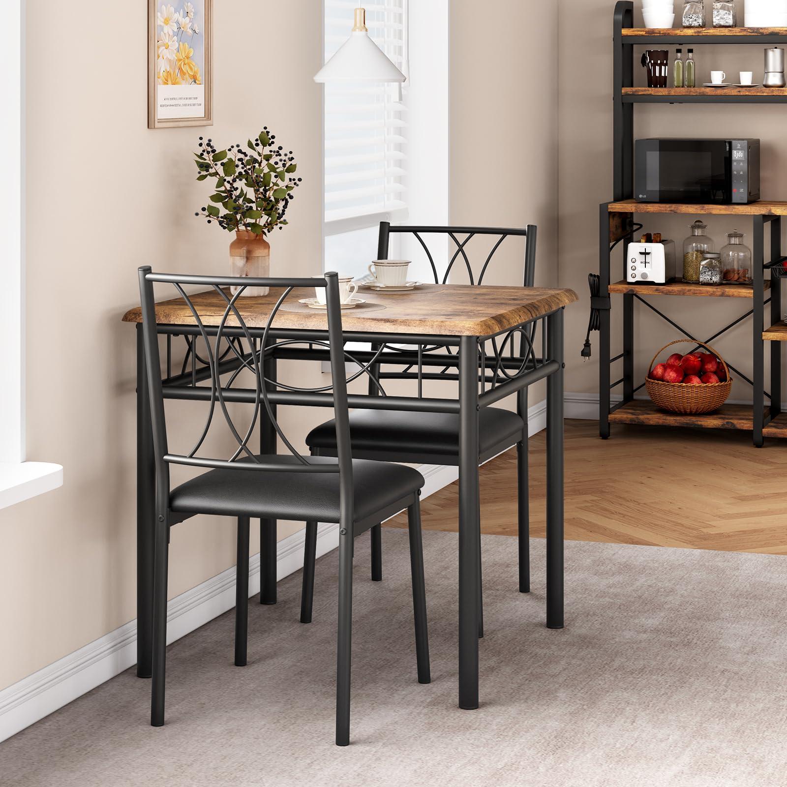 Set da pranzo Garvee da 3 pezzi per 2 persone, marrone retrò, struttura in metallo, sedie imbottite, piano in MDF, salvaspazio, stanze piccole