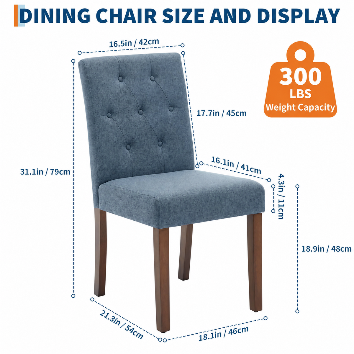 Sedie da pranzo Garvee Parsons, set di 2, imbottite, ergonomiche, in tessuto di lino, legno di caucciù, blu, per cucina e soggiorno
