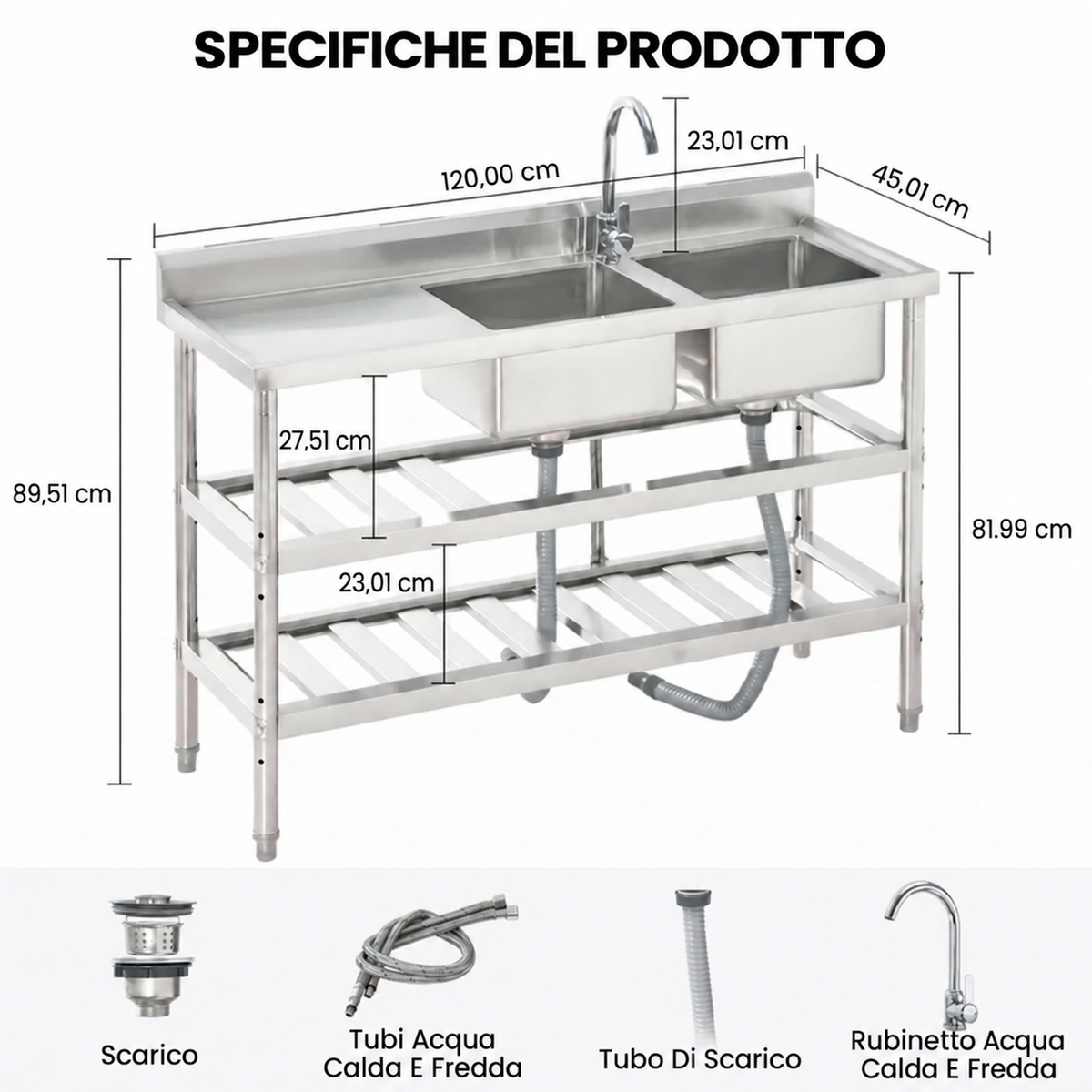 Garvee Waschtisch In Acciaio Inox Multifunzionale, Grande Piano Di Lavoro, Vasca Profonda, 120x45x82cm, Acciaio Inox, Per Lavanderia E Garage