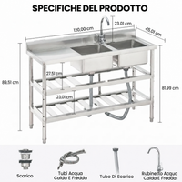 Garvee Waschtisch In Acciaio Inox Multifunzionale, Grande Piano Di Lavoro, Vasca Profonda, 120x45x82cm, Acciaio Inox, Per Lavanderia E Garage