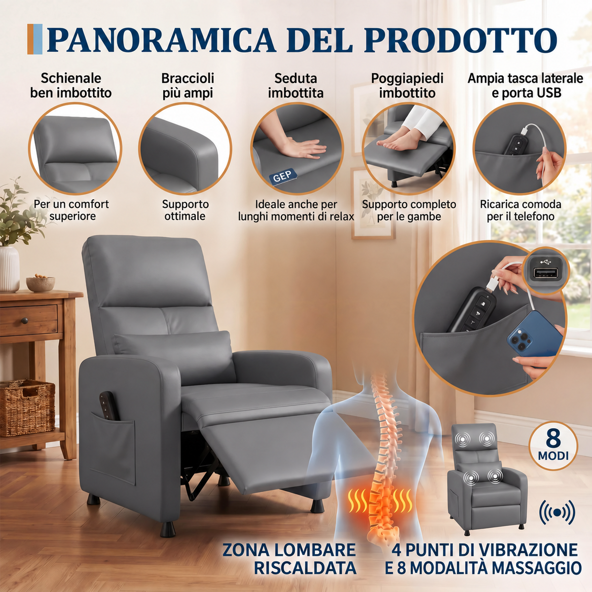 Garvee Massagesessel Elettrico con 8 Modi Massaggio, Funzione Riscaldante, USB, Grigio, Relax per Soggiorno, Compatto