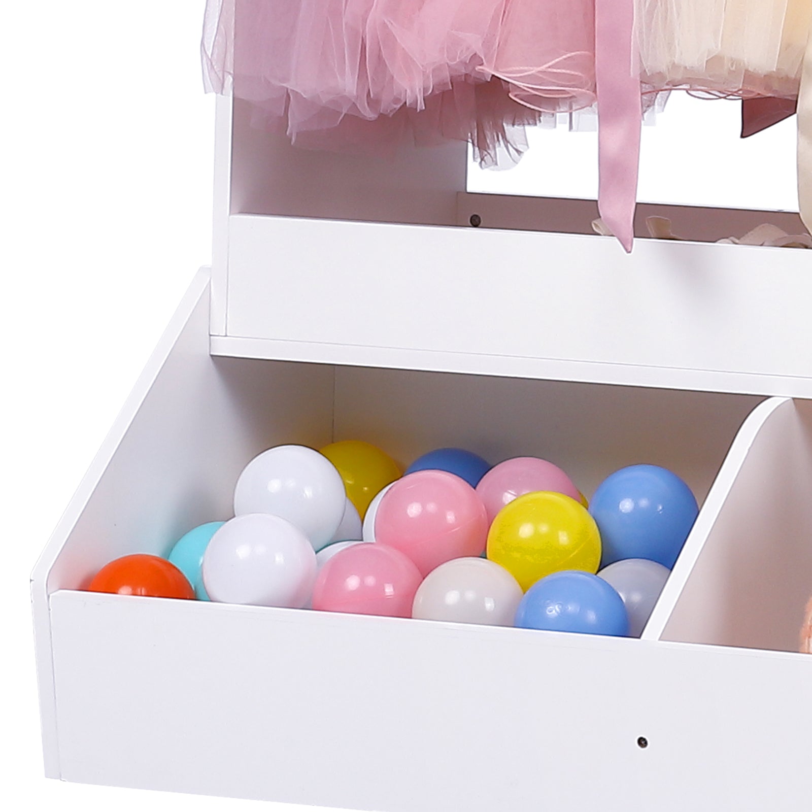 Armadio per bambini Garvee con luce e specchio, MDF, spazio di archiviazione e asta appendiabiti, bianco, per la cameretta delle bambine