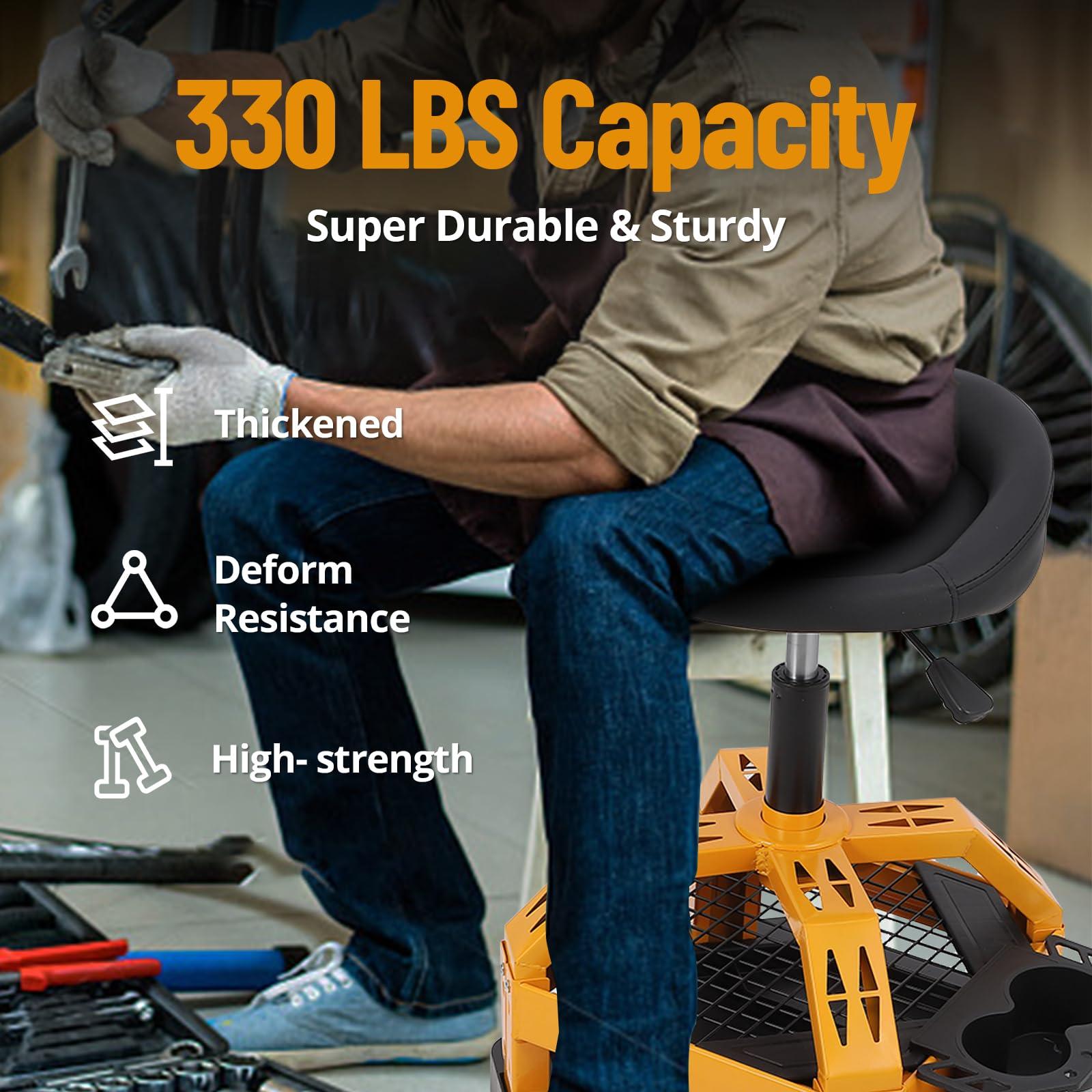 Sgabello girevole Garvee Workshop con capacità di 330 libbre, struttura in acciaio, ruote, portabicchieri per garage e officina, comodo, resistente