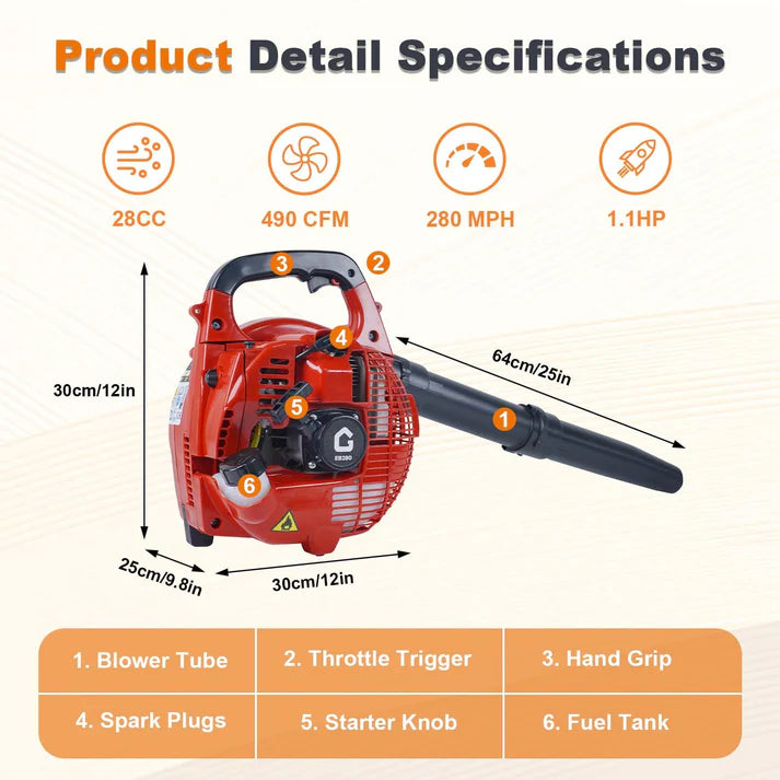 Soffiatore per foglie a benzina portatile Garvee da 28 cc, leggero e potente, per giardino, 1,1 CV, 490 CFM, rosso