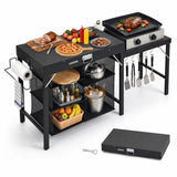 GARVEE Tavolo Pieghevole per Barbecue con Ripiani e Ganci, Stazione Cucina da Esterno in Acciaio al Carbonio, per Giardino Camping e Picnic, Nero