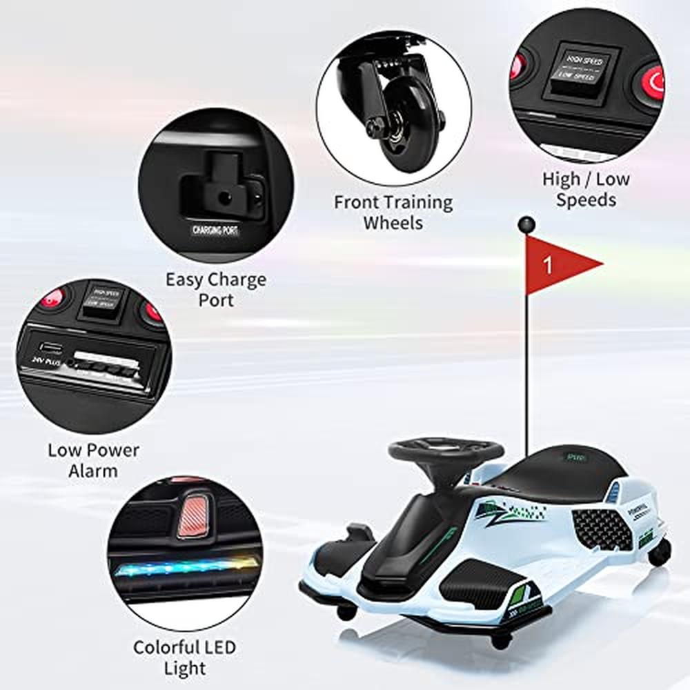 Garvee Kids Drift Go-Kart elettrico 24V – Telaio in metallo, per esterni, bianco – Corse veloci ed emozionanti avventure all'aria aperta.