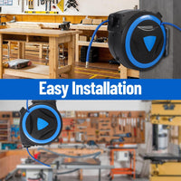 Avvolgitubo per compressore d'aria ibrido Garvee da 3/8" x 50 piedi con meccanismo di bloccaggio automatico per officina e garage, tubo flessibile, nero