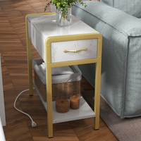 Tavolino Garvee con cassetto e ripiano, comodino stretto, stile industriale, grigio