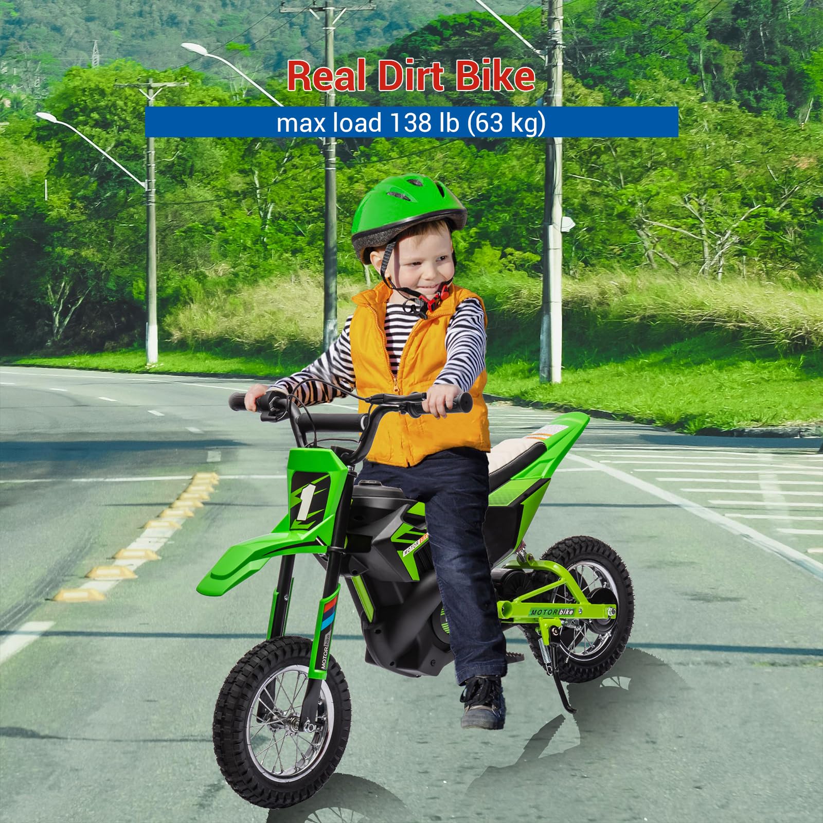 Moto elettrica fuoristrada Garvee 24V, motore 250W, verde, per bambini e adolescenti dagli 8 anni in su, sedile in pelle, sospensioni in metallo