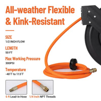 Avvolgitubo Retrattile Garvee 3/8" x 25 ft per Aria - Tubo Ibrido Pesante, Riavvolgimento Automatico, Supporto 180° - Ideale per Officina Festa del Papà