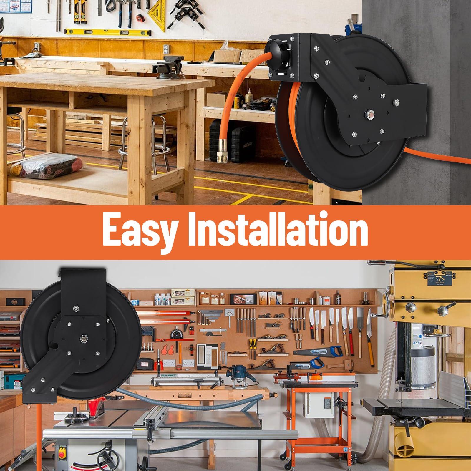 Avvolgitubo Retrattile Garvee 3/8" x 25 ft per Aria - Tubo Ibrido Pesante, Riavvolgimento Automatico, Supporto 180° - Ideale per Officina Festa del Papà