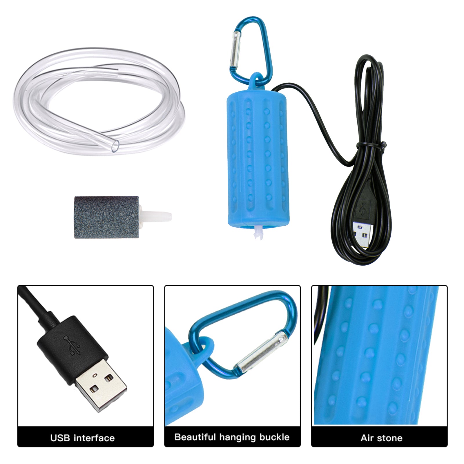 Pompa ad aria Garvee per acquario USB Mini portatile silenziosa a risparmio energetico in plastica blu per acquari