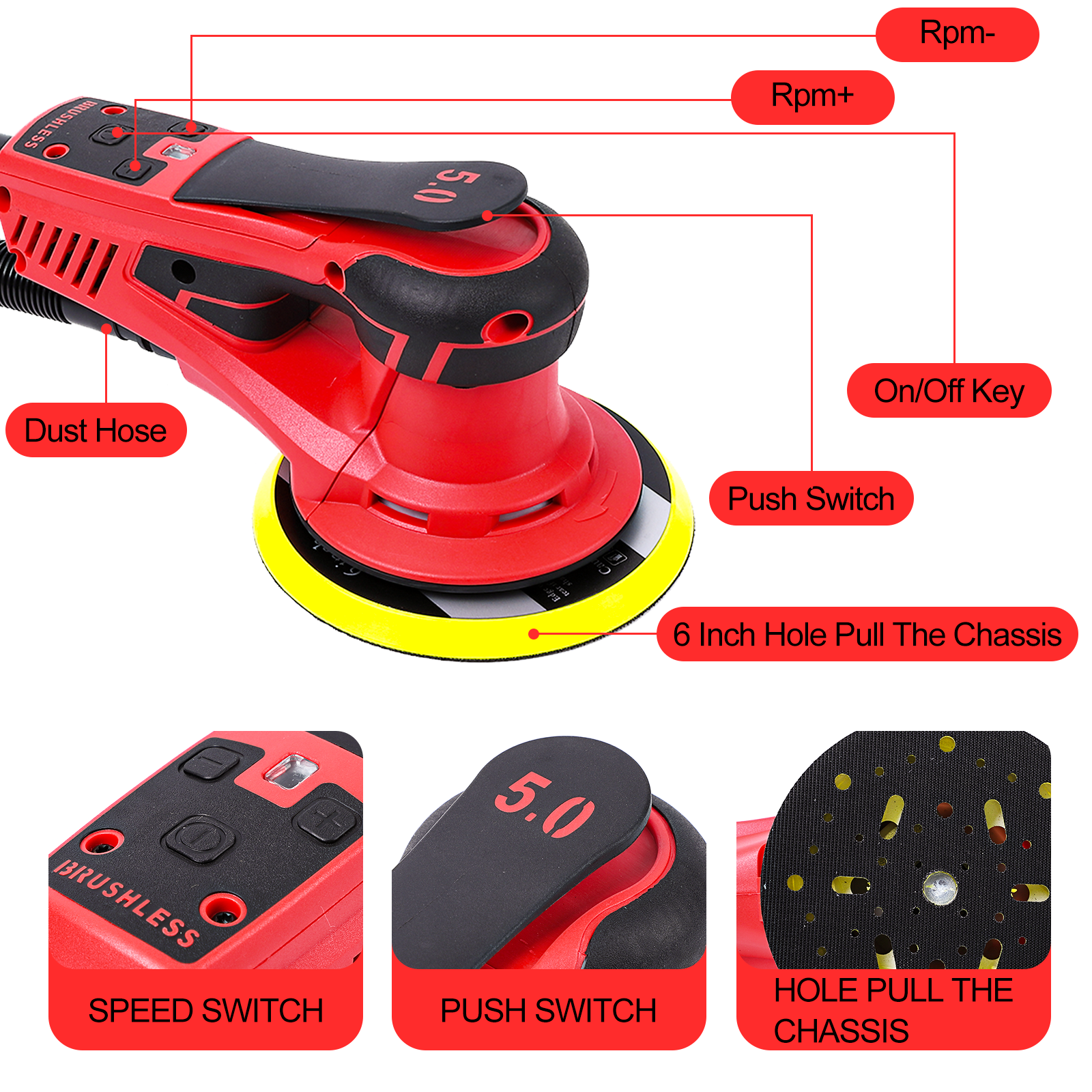 Levigatrice orbitale casuale elettrica Garvee 350W senza spazzole 10000 giri/min 150mm Lucidatrice per legno a basse vibrazioni Ergonomica compatta per officina Nero