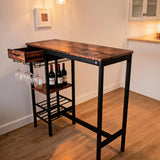 GARVEE Tavolo da Bar Industriale con Portabottiglie e Portabicchieri, Piano in MDF e Struttura Metallica, 90–105 cm, per Cucina e Soggiorno, Marrone Vintage