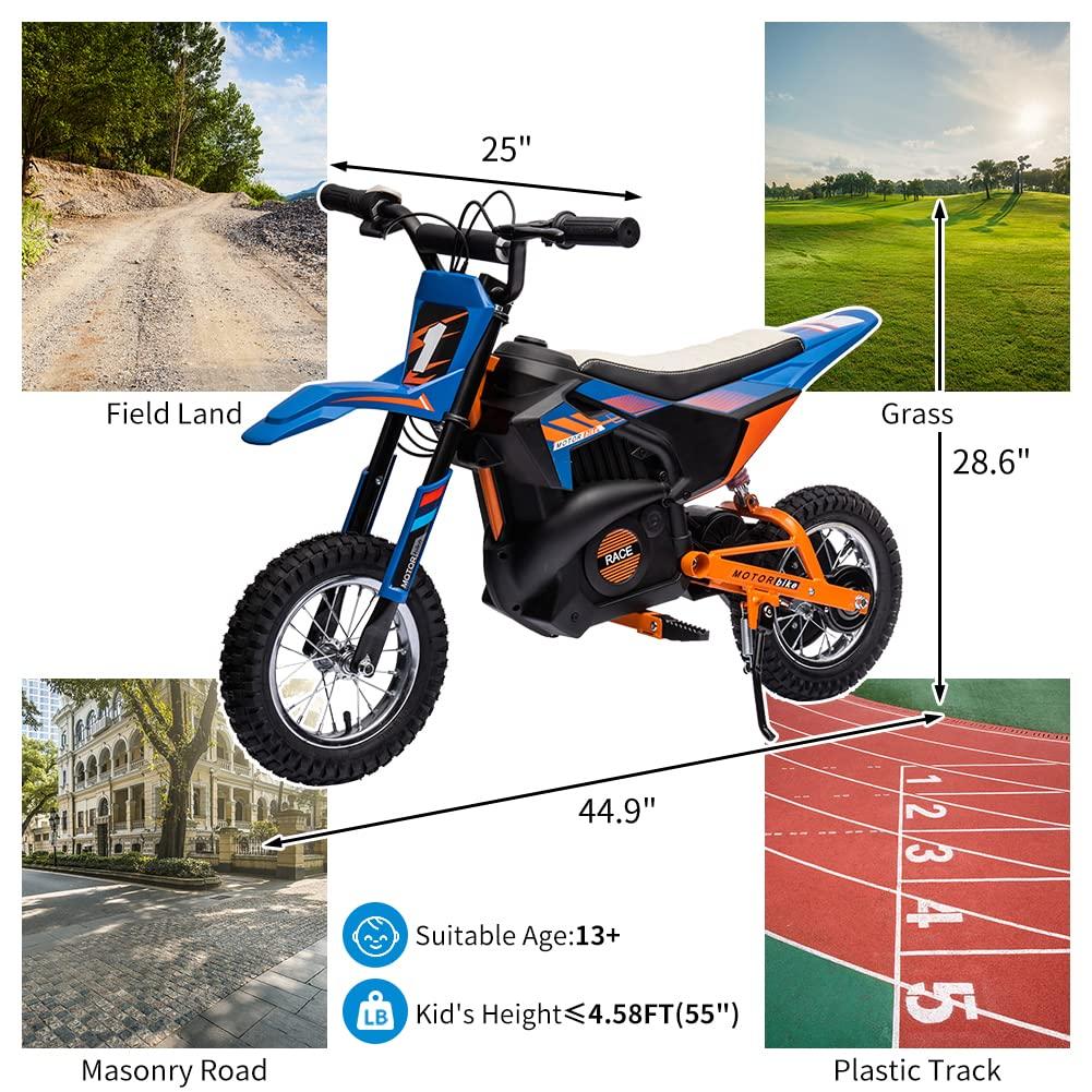 Moto elettrica fuoristrada Garvee 24V, motore da 250W, sedile in pelle, sospensioni in metallo, pneumatici, per bambini e adolescenti, blu