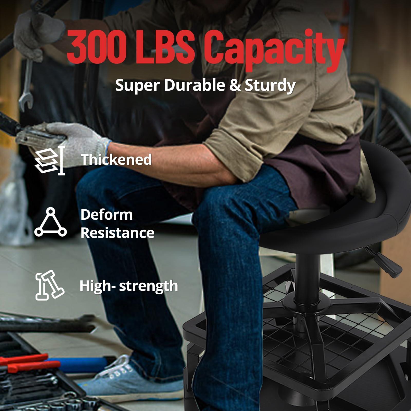 Sgabello girevole Garvee Workshop per garage, capacità di carico di 330 libbre, comodo, imbottito, con ruote, resistente, per meccanici e appassionati del fai da te