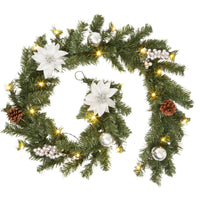 Ghirlanda natalizia Garvee con luci, 1,8 m, argento bianco, pigne, bacche, stella di Natale, a batteria, per uso interno ed esterno, camino e scale