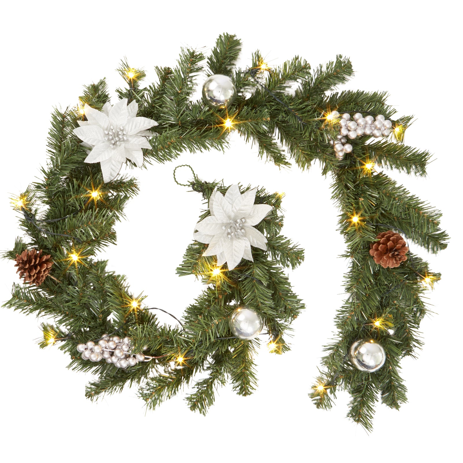 Garvee Ghirlanda Natalizia 6Ft con Luci LED a Batteria, Poinsettie e Palline, PVC Resistente, Decorazioni per Camino e Ringhiera, Interno ed Esterno