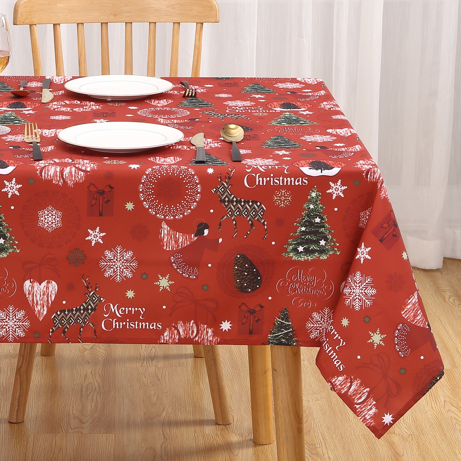 Tovaglia natalizia Garvee in poliestere 52x79 cm, lavabile e anti-goccia, con albero di Natale, fiocchi di neve, renne, tovaglia rettangolare per feste, per interni ed esterni