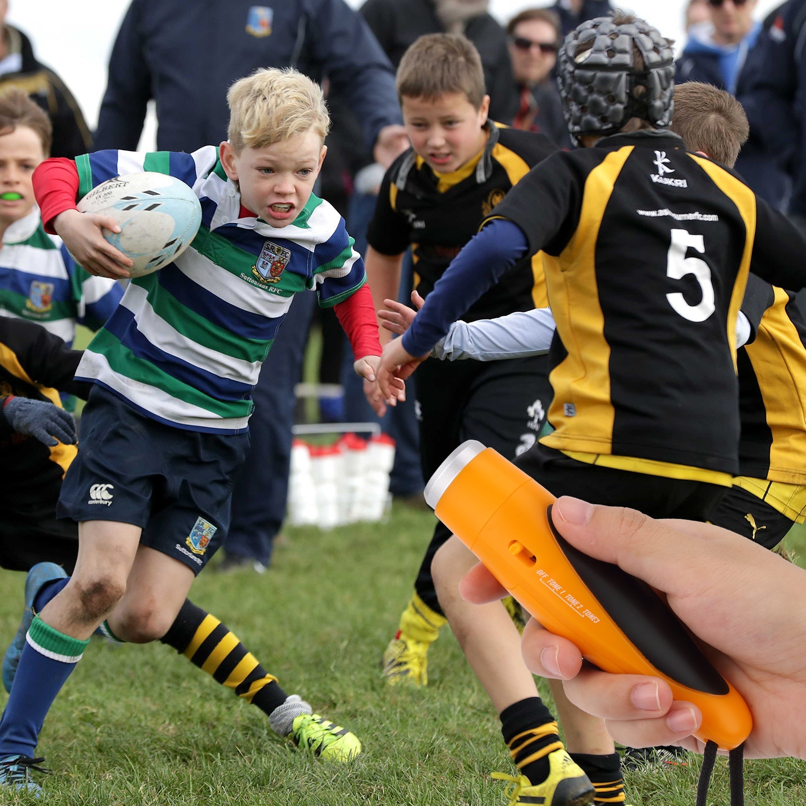 Fischietto elettronico Garvee a tre toni, professionale, igienico, portatile, sportivo, con cordino e batteria, per arbitri, allenatori e campi sportivi