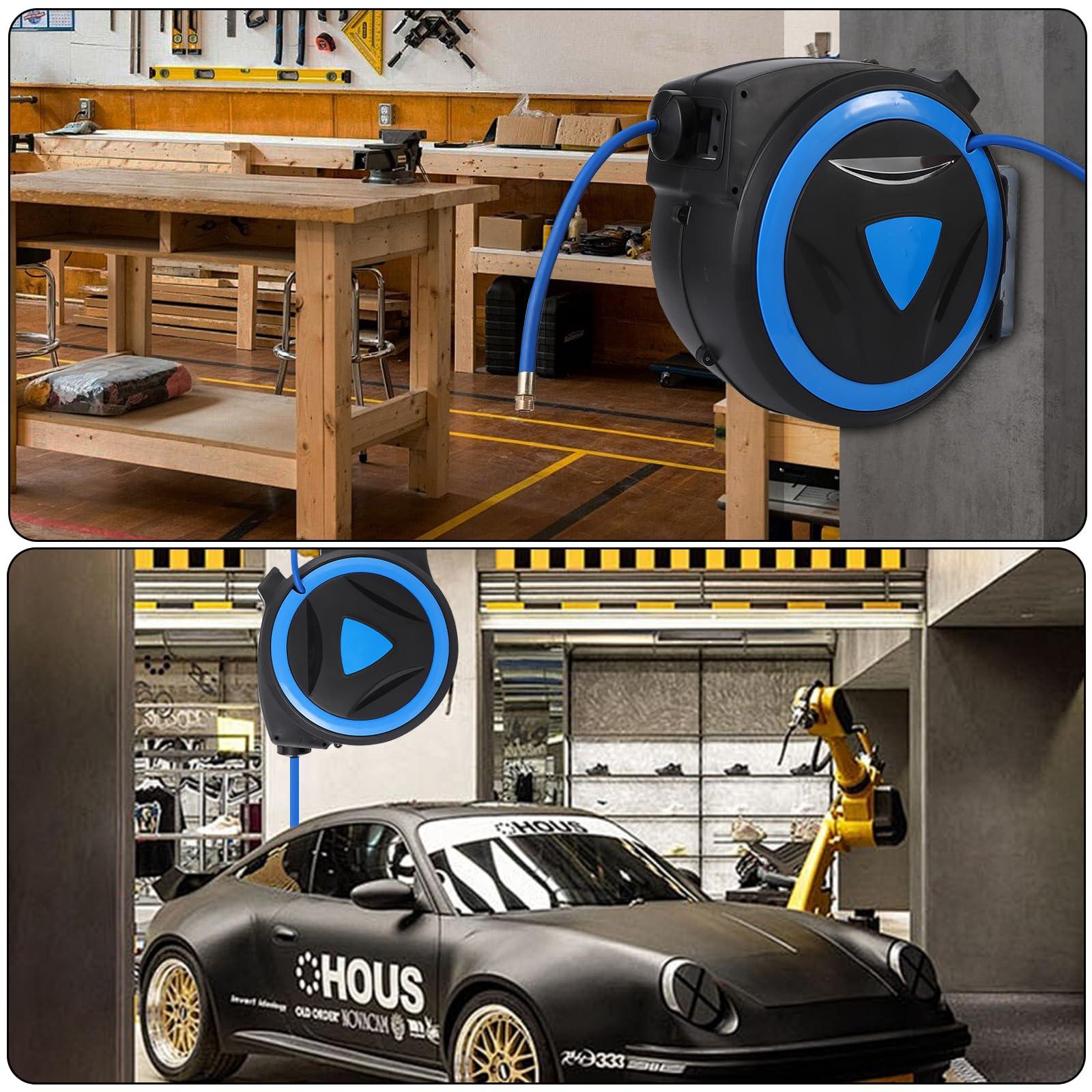 Tubo flessibile ibrido Garvee da 3/8 pollici x 80 piedi, avvolgitubo per compressore d'aria, bloccaggio automatico per officina, flessibile, robusto, nero