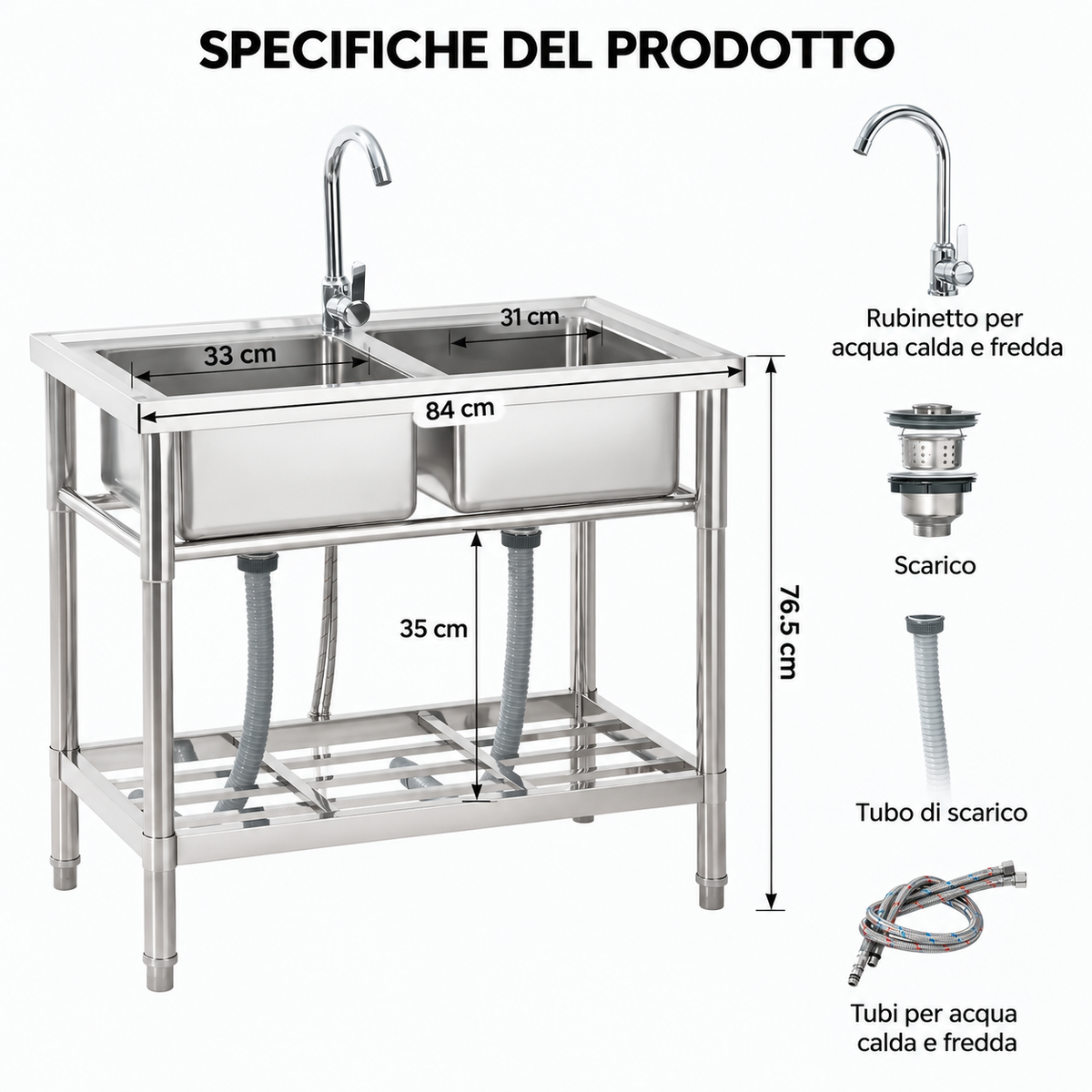 Lavello 84 x 45,7 x 76,2 cm di Servizio Garvee in Acciaio Inossidabile Fatturabile, Doppia Vasca con Rubinetto, Piedini Regolabili per Cucina e Giardino
