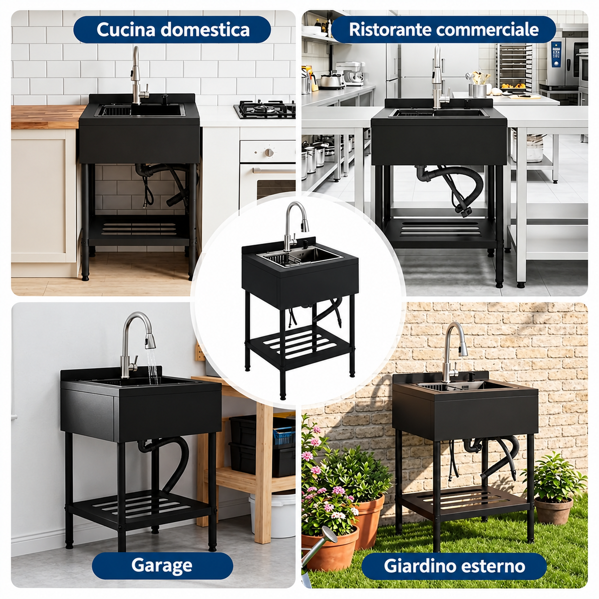 Garvee Lavello in acciaio inox Garvee 65x53x100 cm – Lavello singolo freestanding per cucina, lavanderia ed esterni – Struttura e vasca nere