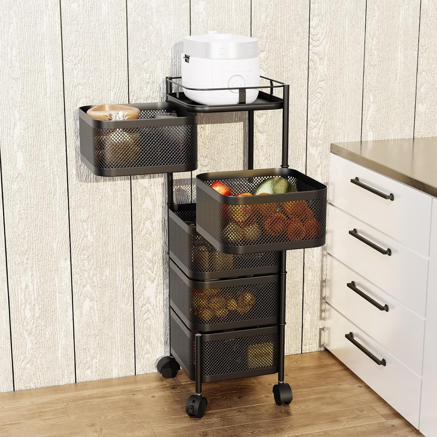 Carrello in metallo nero a 5 ripiani Garvee, 94x28x28 cm, carrello da cucina per carichi pesanti in magazzini, garage e negozi al dettaglio con struttura durevole