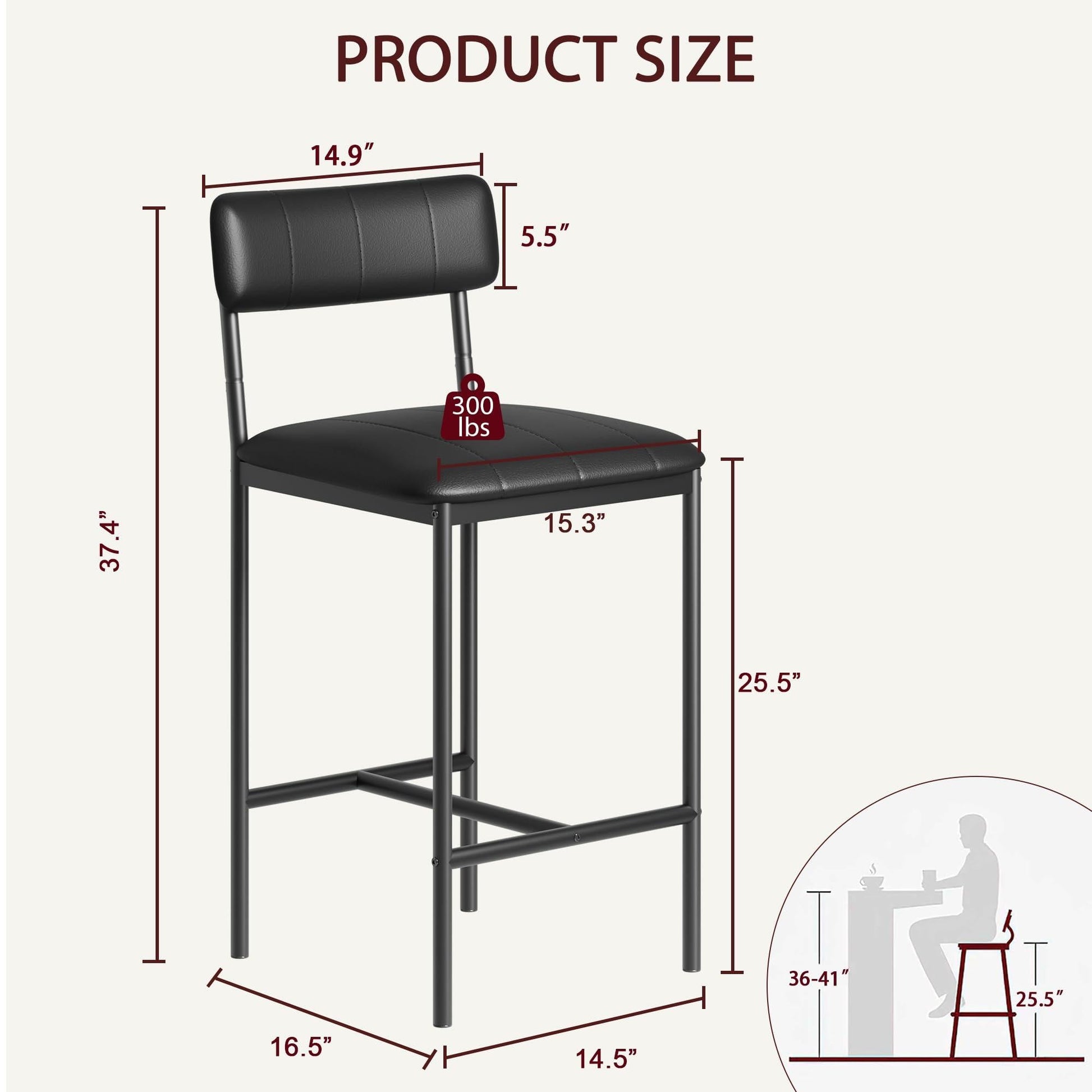 Set di 2 sgabelli da bar Garvee, imbottiti con schienale, poggiapiedi, struttura in metallo, seduta in MDF per cucina e bancone bar, nero