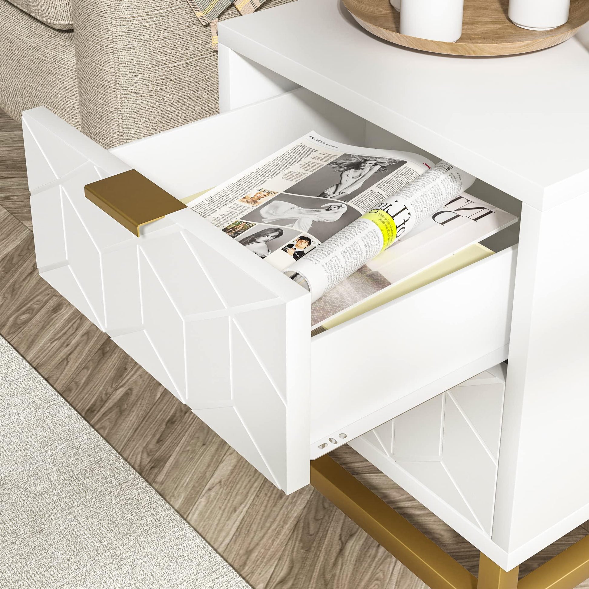 Cassettiera in legno Garvee bianca a 3 cassetti con maniglie in metallo dorato per camera da letto e soggiorno, moderna, robusta, MDF, stabile