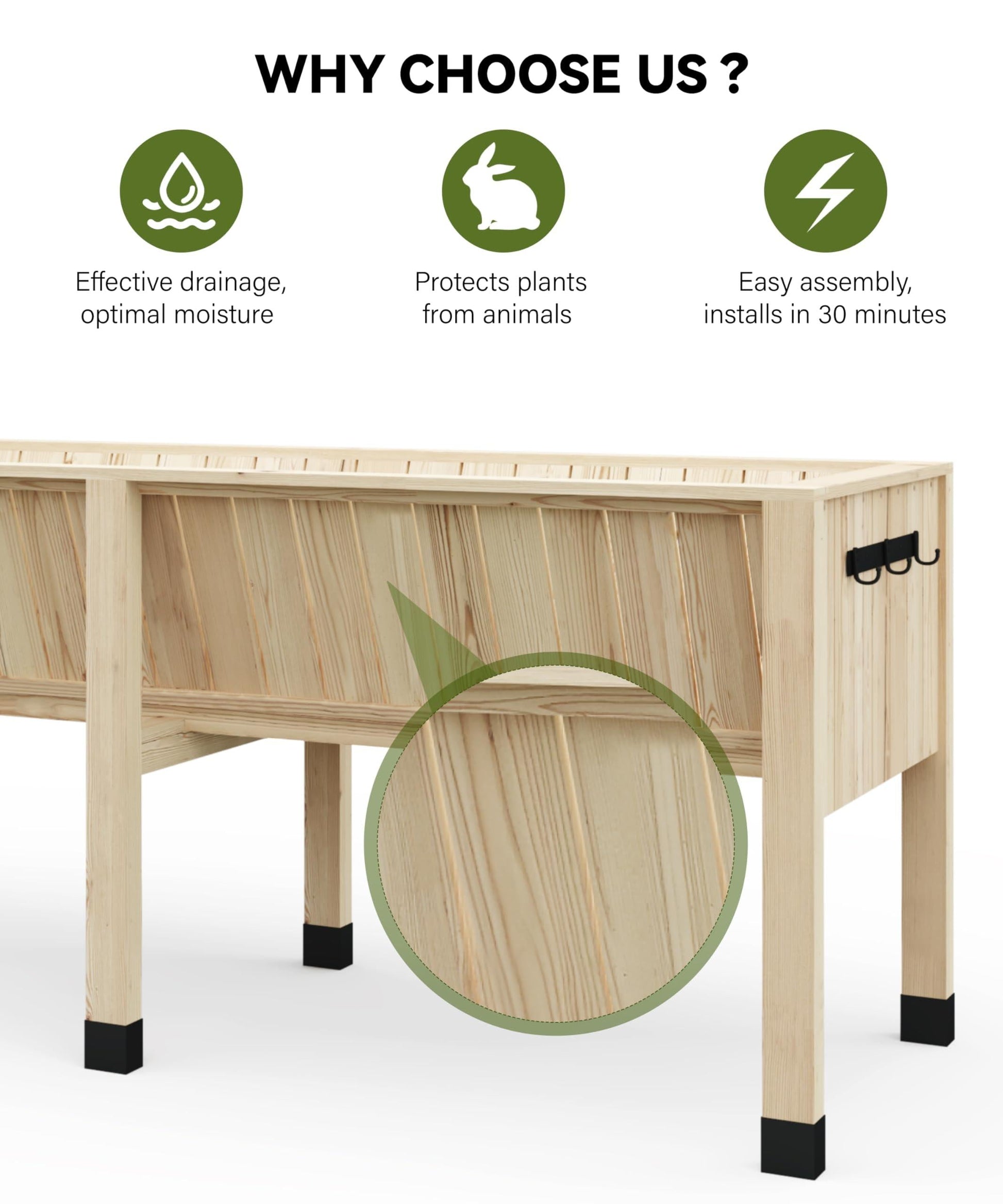 Letto da giardino rialzato Garvee 6x2x2,5 piedi in legno di cedro con ganci per verdure ed erbe aromatiche da esterno 13,7 pollici di profondità stabile ed ergonomico
