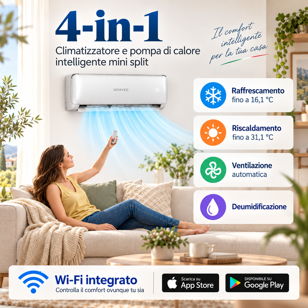 GARVEE Condizionatore Split Garvee AUX 12000 BTU con riscaldamento, classe energetica A++, refrigerante R32, Wi-Fi e kit di installazione incluso