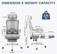 Sedia da ufficio ergonomica Garvee in rete con supporto lombare regolabile e poggiapiedi per ufficio e gaming, traspirante, comoda, grigio