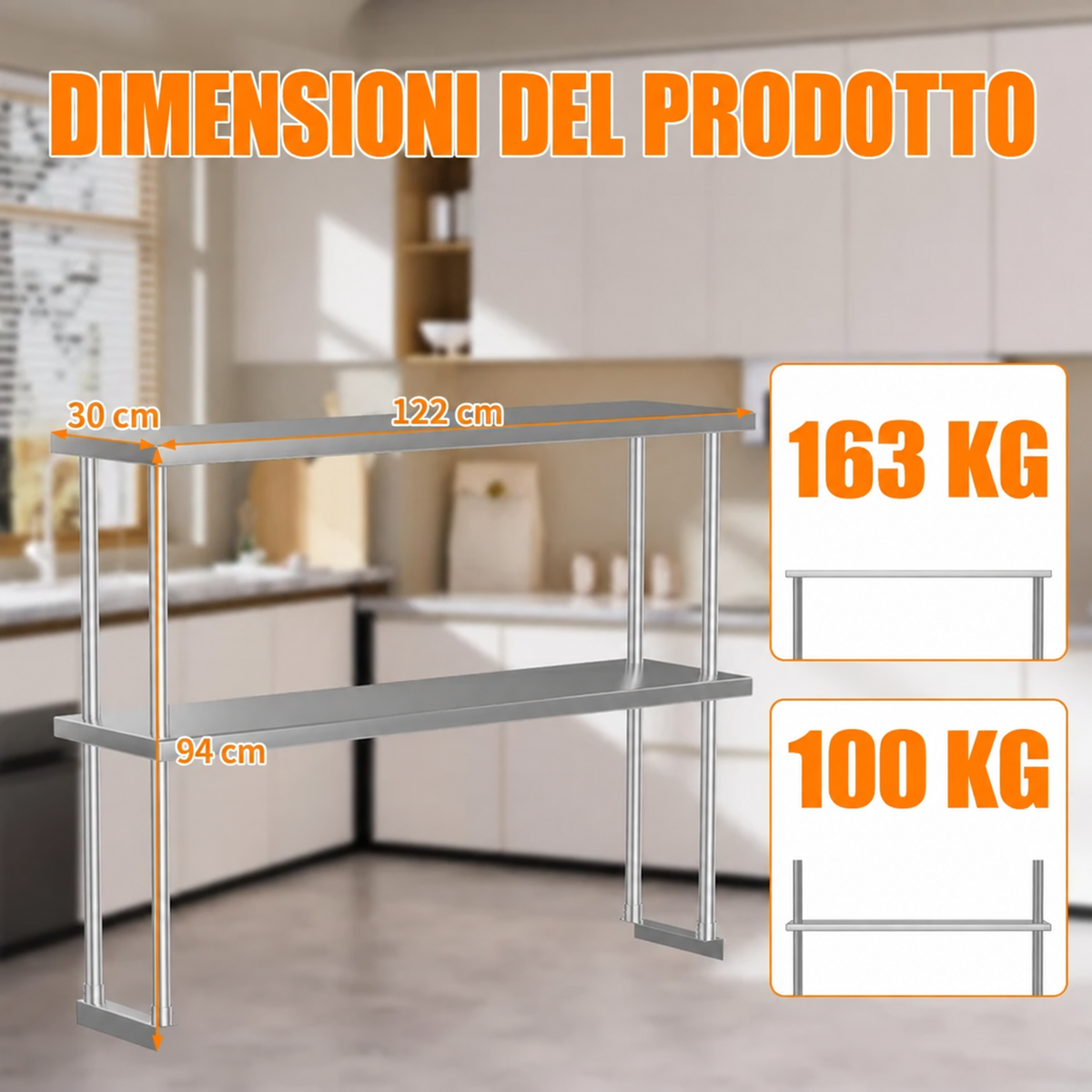 Ripiano superiore doppio in acciaio inossidabile Garvee da 30,48 x 121,92 cm, regolabile, a 2 livelli, per cucina, officina, antiruggine, robusto