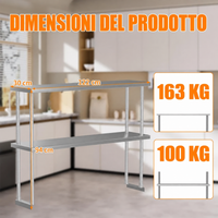 Ripiano superiore doppio in acciaio inossidabile Garvee da 30,48 x 121,92 cm, regolabile, a 2 livelli, per cucina, officina, antiruggine, robusto