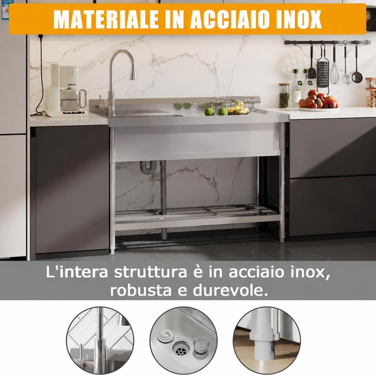 Garvee 120x51x92cm Lavello Professionale Autoportante in Acciaio Inox Robusto ad Alta Portata per Ristorazione e Cucina Industriale