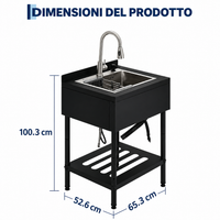 Lavello in acciaio inox Garvee 65x53x100 cm – Lavello singolo freestanding per cucina, lavanderia ed esterni – Struttura nera, vasca in acciaio inox