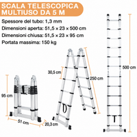 Scala Telescopica Garvee in Alluminio 5 m con Piedini Antiscivolo e Stabilizzatore, Pieghevole 150kg Interno/Esterno 98×52×21.5 cm