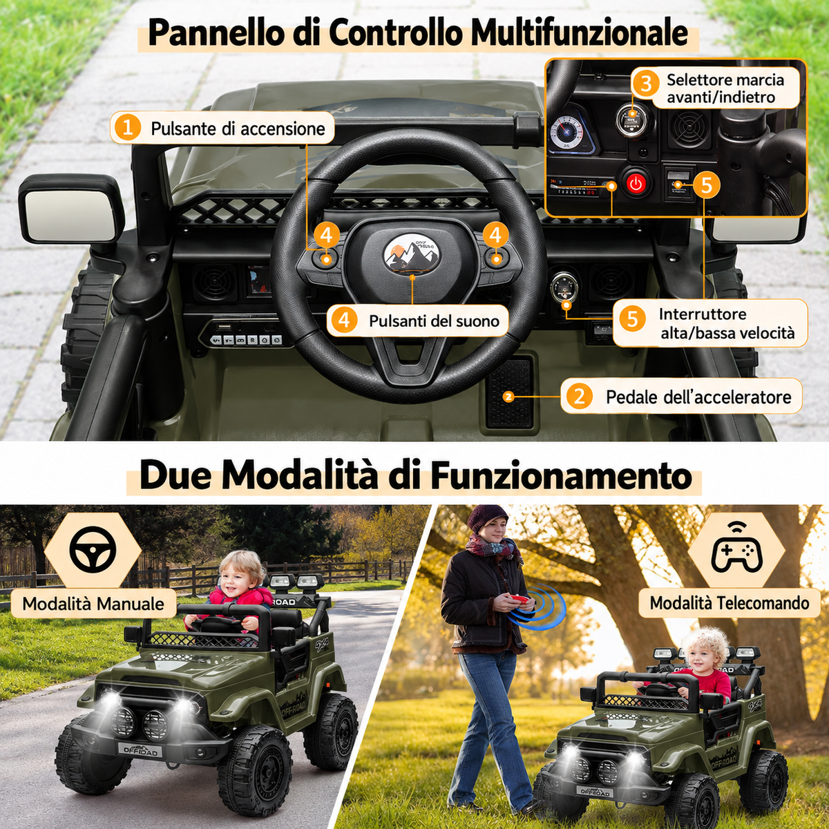 Garvee 12V Auto elettrica per bambini verde militare con LED e Bluetooth per parco giochi, giardino e guida su strada