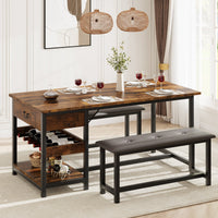Set da pranzo Garvee per 4 persone con spazio di archiviazione e portabottiglie, panche imbottite, struttura in MDF e acciaio, marrone retrò, salvaspazio, cucine piccole